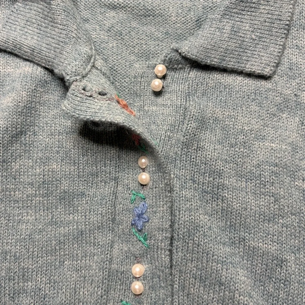 Vtg Sweater Polo Womens S Green Embroidered Floral Pearl Buttons Cottagecore 90s